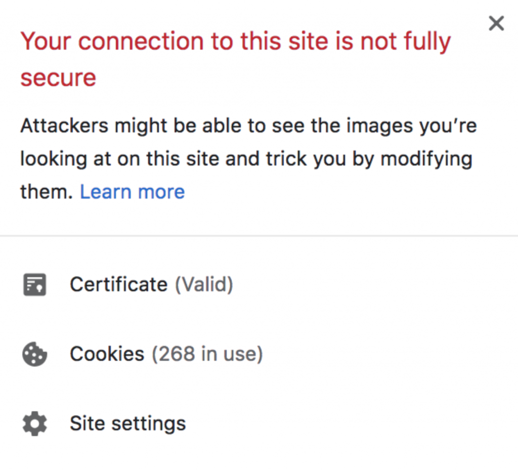 Chrome'un kullanıcıyı karışık içerik konusunda uyarmak için verdiği hata mesajı