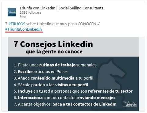 LinkedIn hashtags: ejemplo de hashtag en un contenido para hacer clic en él